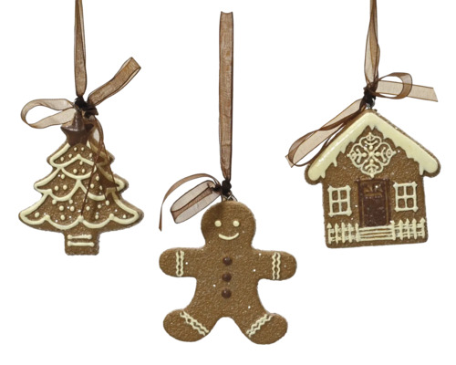 Christbaumhänger Lebkuchen 7x0,7x7,7 cm braun Drei dekorative Lebkuchenanhänger in Form eines Baumes, eines Mannes und eines Hauses mit Bändern zum Aufhängen