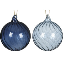 Zwei dekorative Weihnachtskugeln aus Glas mit spiralförmigem Muster