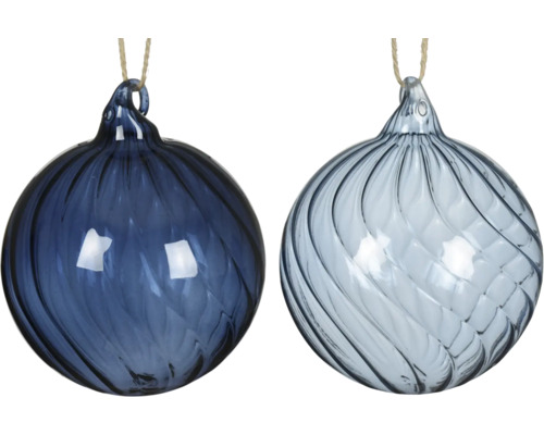 Christbaumkugel aus Glas Ø 8 cm blau Zwei dekorative Weihnachtskugeln aus Glas mit spiralförmigem Muster