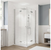 Eckdusche mit klarer Glaswand und Duscharmatur im Badezimmer