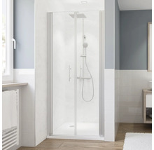 Duschkabine mit Drehtür und Duschsystem in hellem Badezimmer