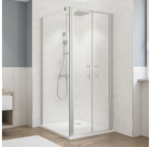 Eckdusche mit Schiebetür und Duscharmatur im Badezimmer.