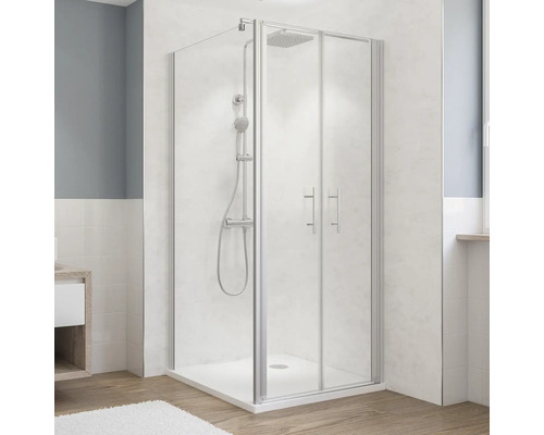 Pendeltür für Nische und Seitenwände Breuer Fara 5 900x1900 mm Echtglas Klar hell chrom Eckdusche mit Schiebetür und Duscharmatur im Badezimmer.