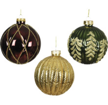 Drei Christbaumkugeln mit unterschiedlichen Mustern zum Aufhängen