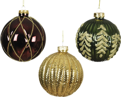 Drei Christbaumkugeln mit unterschiedlichen Mustern zum Aufhängen