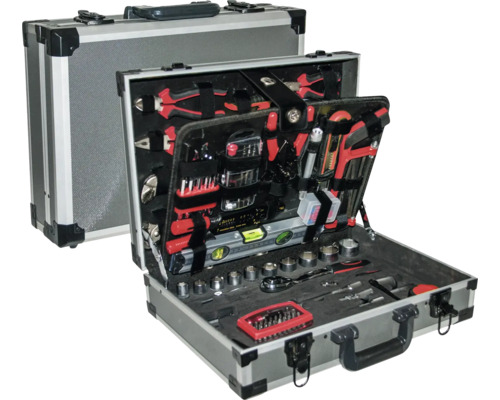 Geöffneter Werkzeugkoffer aus Aluminium mit Werkzeug