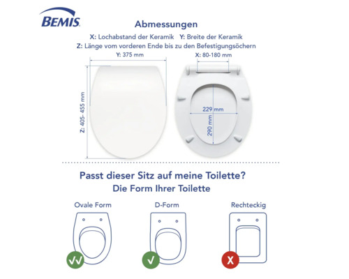 Abmessungen und Kompatibilität eines Toilettensitzes der Marke Bemis mit verschiedenen Toilettenformen.