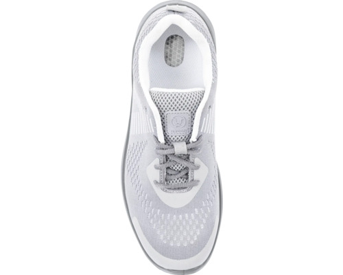 Grauer Laufschuh mit Schnürsenkeln in der Ansicht von oben.