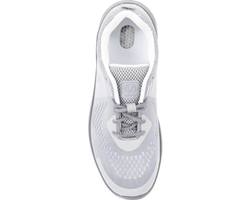 Grauer Laufschuh mit Schnürsenkeln von oben