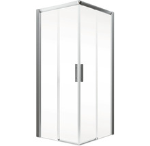 Eckdusche mit klaren Glastüren und Griffen