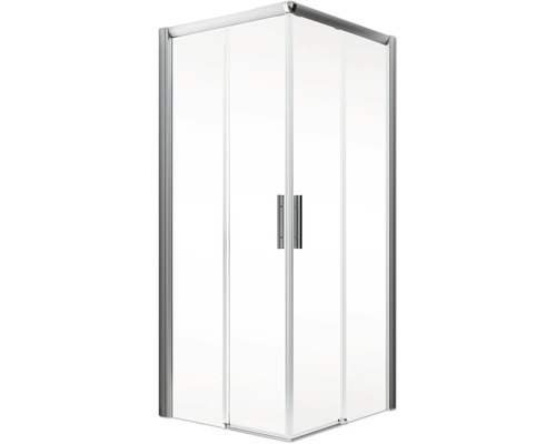 Eckdusche mit klaren Glastüren und Griffen