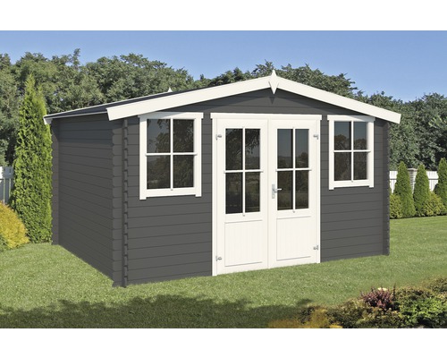 Gartenhaus aus Holz mit Fenstern und Doppeltür