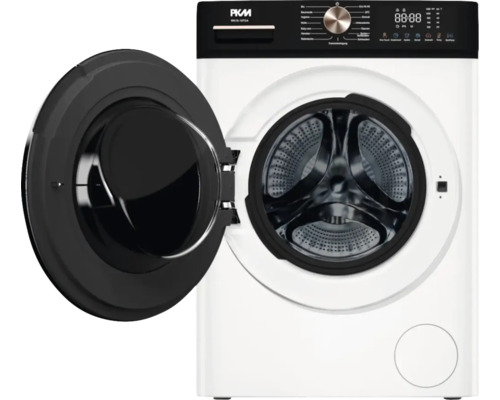 Geöffnete, freistehende, weiße PKM Waschmaschine mit schwarzem Bedienfeld
