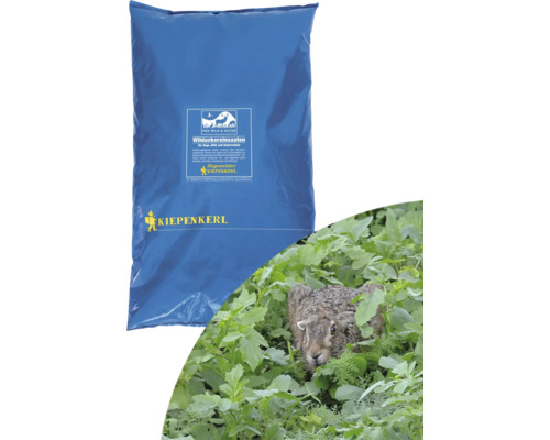 Grünlandsamen Kiepenkerl Pioniermischung 10 kg / 3300 m² Sack mit Wildackersaat neben einem Hasen im Grün