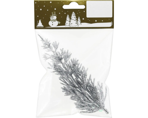 Weihnachtsdekoration Dekozweig Kunststoff L 14 cm silber Glitzernder Tannenzweig in Verpackung als Weihnachtsdekoration