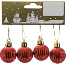 Vier rote Weihnachtskugeln mit gerippter Oberfläche zum Aufhängen