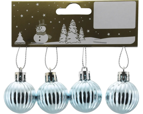 Christbaumkugeln aus Kunststoff Ø 3 cm 4 Stück hellblau Vier hellblaue, gerippte Weihnachtskugeln am goldenen Karton