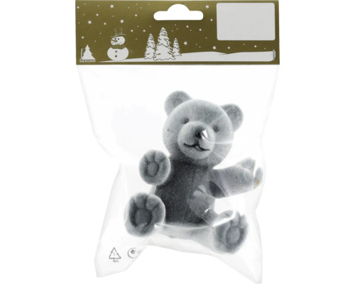 Weihnachtsdeko Bär aus Kunststoff Samt grau Grauer Teddybär im Plastikbeutel