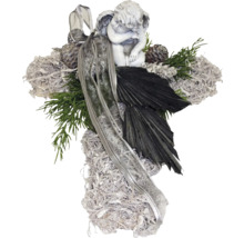 Kreuzschmuck mit Engel, Tannenzapfen und Schleife