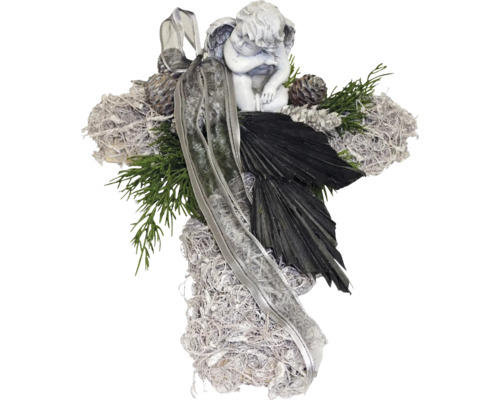 Kreuzschmuck mit Engel, Tannenzapfen und Schleife
