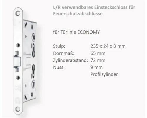 Einsteckschloss für Feuerschutzabschlüsse, geeignet für Türlinie Economy, mit den Maßen 235 x 24 x 3 mm, Dornmaß 65 mm und Zylinderabstand 72 mm
