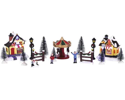 Weihnachtsdorf Szene mit Karussell, Häusern, Figuren und Bäumen
