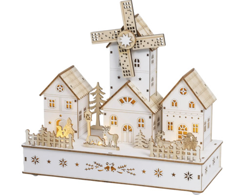 Dekorative, beleuchtete Weihnachtspyramide mit Windmühle und Häusern