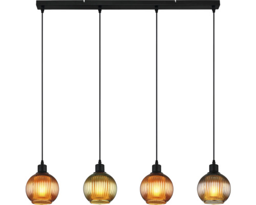 Hängelampe mit vier Leuchten und gerippten Glasschirmen