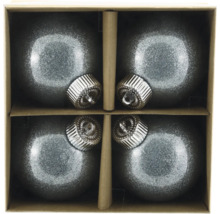 Vier graue Weihnachtskugeln mit Glitzer im Karton