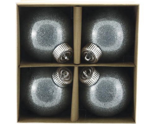 Vier graue Weihnachtskugeln mit Glitzer im Karton