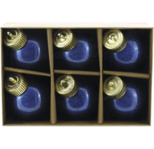 Sechs blaue Christbaumkugeln mit goldfarbener Aufhängung in einer Pappbox