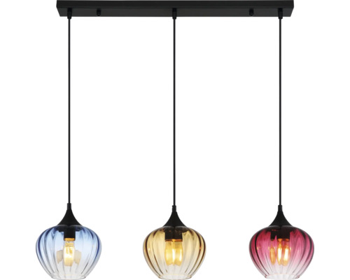 Hängelampe mit drei farbigen Glasschirmen