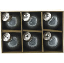 Sechs Christbaumkugeln aus Glas in einer Pappschachtel