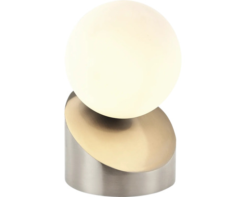 Tischleuchte mit kugelförmigem Lampenschirm auf Metallsockel