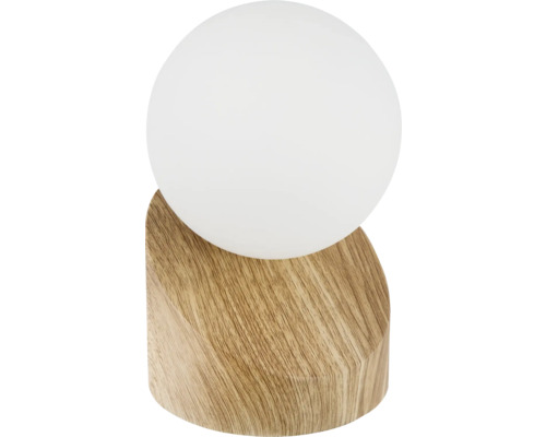 Tischleuchte mit Holzfuß und kugelförmigem Lampenschirm