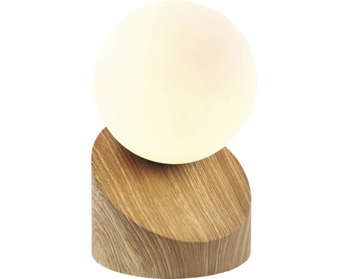 Tischleuchte mit kugelförmigem Lampenschirm und Holzfuß