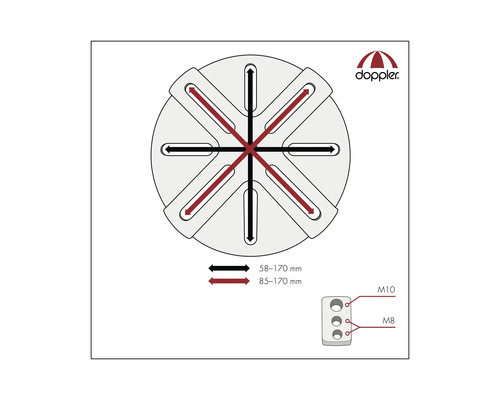 Diagramm einer Sonnenschirm-Sockelbefestigung mit Maßangaben und Doppler Logo.