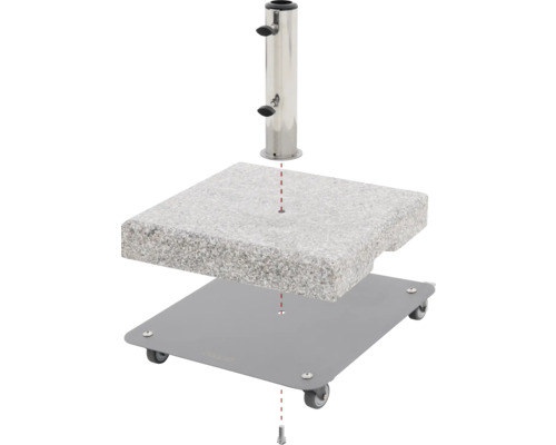 Explosionszeichnung eines Sonnenschirmständers mit Rollen, bestehend aus Ständerrohr, Steinplatte und Metallfuß