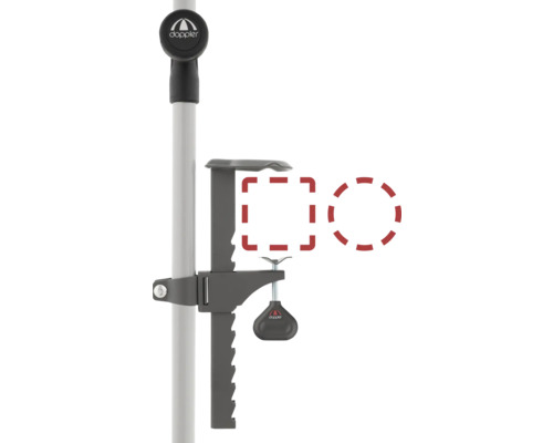 Doppler Logo auf einem Sonnenschirmständer mit Klemme