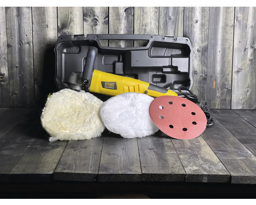 Poliermaschine im Koffer mit Polieraufsätzen und Schleifscheibe