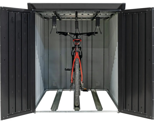 Fahrradbox mit geöffneten Türen und einem Fahrrad im Inneren