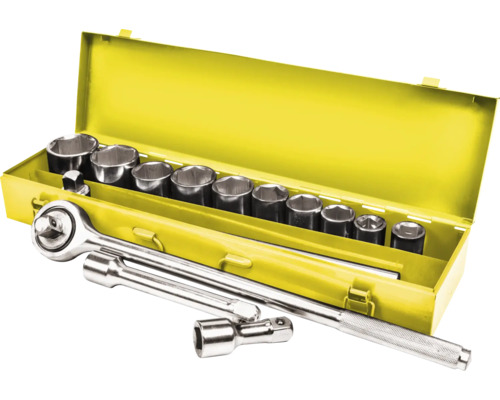 Steckschlüsselsatz mit Ratsche und Verlängerung in gelbem Metallkoffer