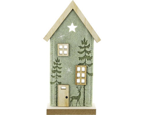 Aufsteller Haus aus Filz 10 x 4 x 22,5 cm mint Dekoratives Holzhaus mit Hirsch und Tannenbaum für Weihnachten