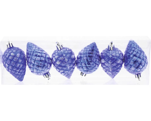 Christbaumschmuck Zapfen 6 Stück blau Sechs blaue, glitzernde Tannenzapfen-Weihnachtsbaumkugeln in einer Verpackung