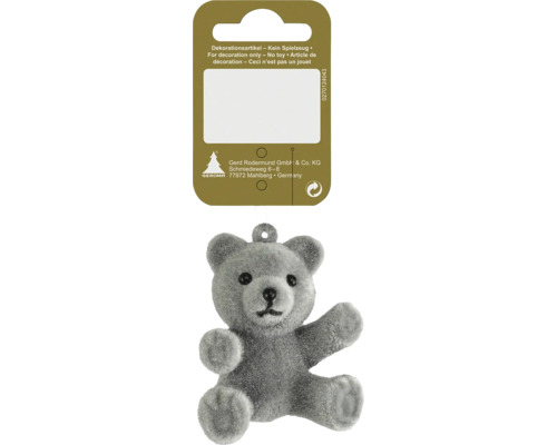 Hängedeko Bär aus Kunststoff Samt grau Teddybär als Dekorationsartikel mit Etikett