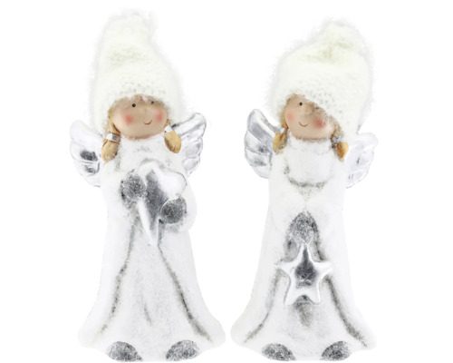 Weihnachtsdeko Engel aus Keramik weiß Zwei Weihnachtsengel Figuren mit Mütze und Flügeln