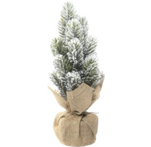 Dekorativer Miniatur-Weihnachtsbaum mit Schnee und Jutestoff