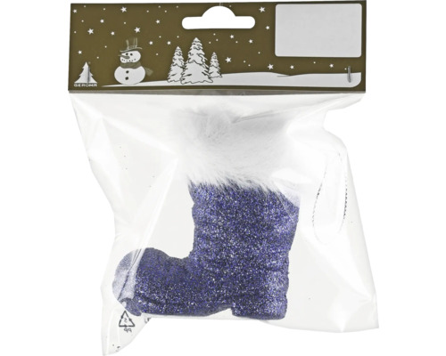 Dekohänger Stiefel aus Kunststoff lila Glitzer Glitzernder Stiefel als Weihnachtsbaumschmuck in Verpackung