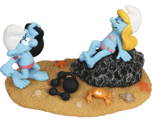 Aquariumdekoration AQUA DELLA Schlümpfe Strand mit Schlumpfine & Muskelschlumpf ca. 16 x 10 x 9 cm Polyesterharz Dekoratives Schlümpfe-Aquariumornament mit zwei Schlümpfen und Hanteln