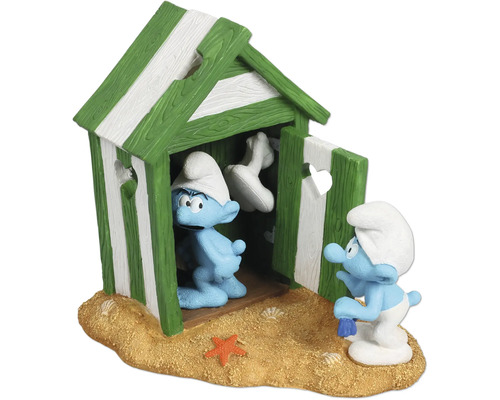 Aquariumdekoration AQUA DELLA Schlümpfe Strandkabine ca. 14 x 11 x 15 cm Polyesterharz Dekorative Schlumpffiguren vor einem Strandhaus als Dekoration